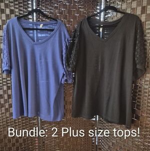 Women's Plus Size Lace Sleeve Tops - Blue and Black BUNDLE